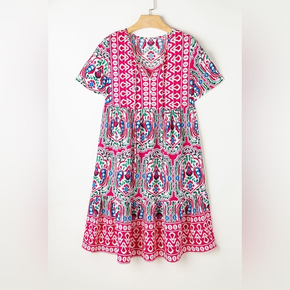 Mosul Mosaic: Pink Bohemian Print Tie Neck Ruffle Hem Dress Size Large Midi - Picture 1 of 8